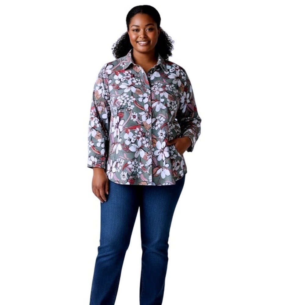 T by Talbots Womens Floral Quarter Zip Pullover Sweatshirt Green Pink 3X